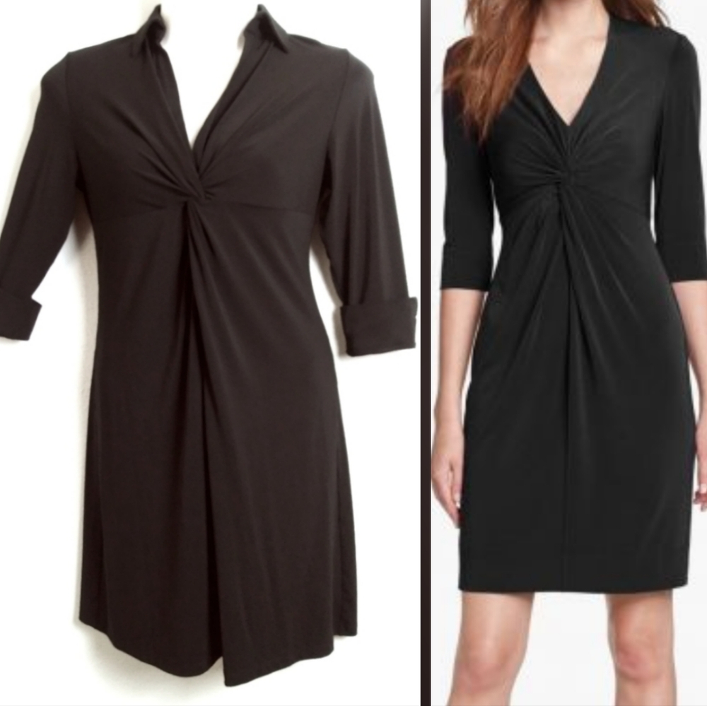VINTAGE Travel Smith Petite M Black Collar Neck Dress Elbow Sleeves Front Draped
